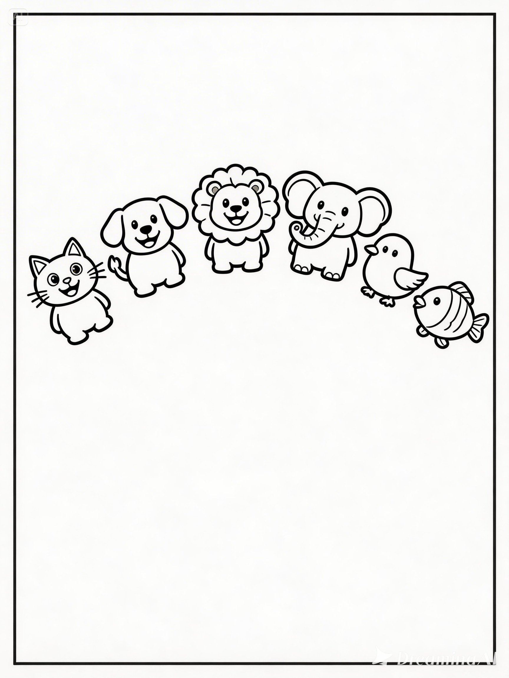 Animais fofos em arco: gato, cachorro, leão, elefante, pássaro e peixe