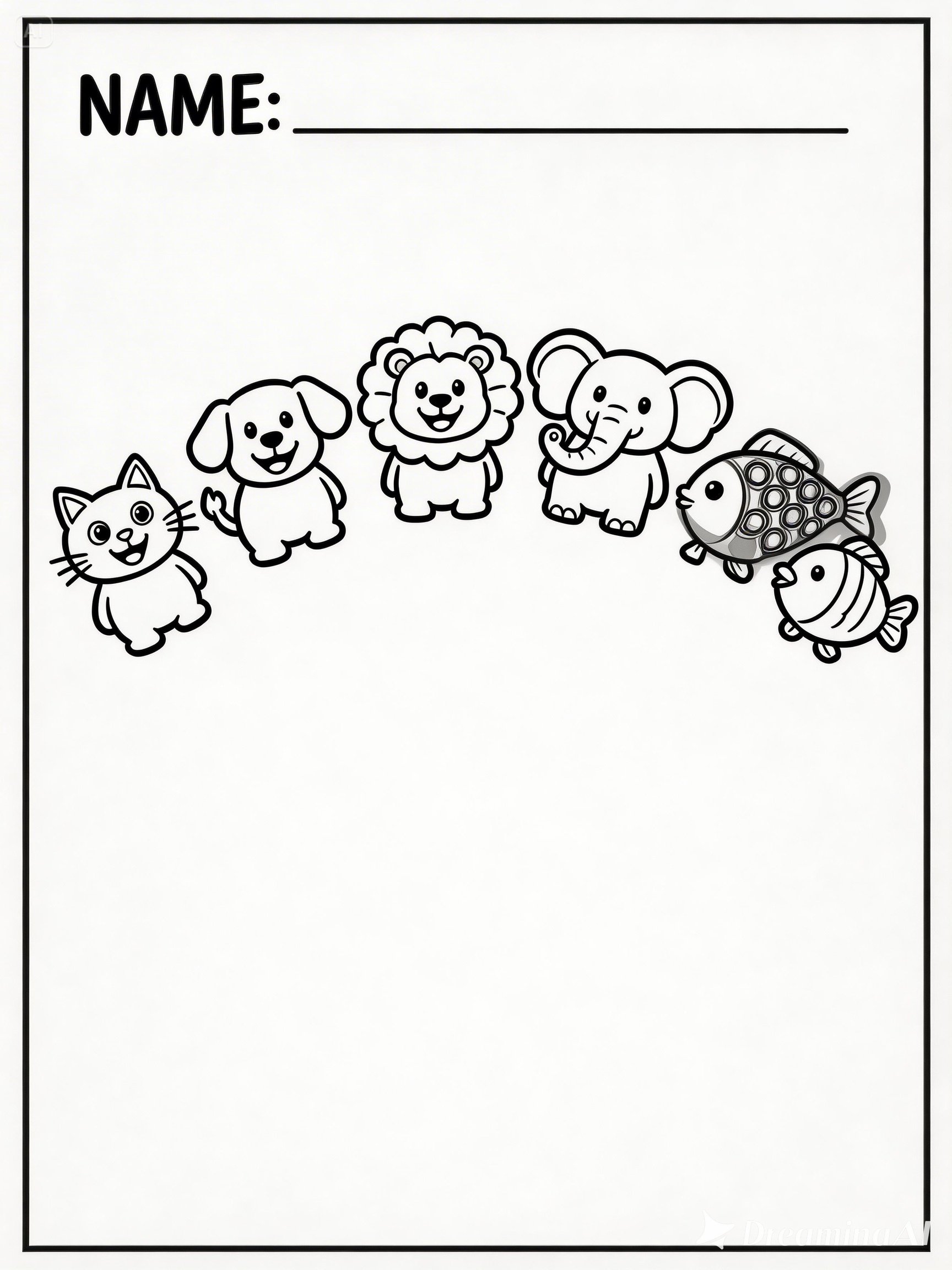 Página de capa com espaço para o nome da criança e animais fofos